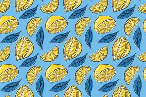 Seamless pattern of hand drawn lemon with slices and leaves on a blue background. Perfect for fresh citrus summer theme, kitchen print, healthy food package and natural organic product design. vector