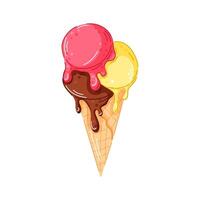 Triple melting scoop ice cream cone with chocolate, strawberry or cherry and lemon flavor in cartoon style. Perfect for dessert cafe menu, summer design, sweets project. vector