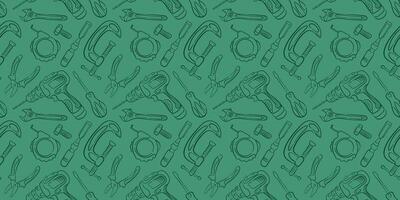 Seamless construction pattern with repair tool, drill, wrench, screwdriver, clamp, pliers in line art style. Perfect for background wallpaper, packaging and industrial design. vector