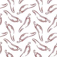 Seamless pattern of red chili pepper in line art style on white background. Perfect for food, spice hot cuisine, kitchen, vegetable and culinary theme design. vector