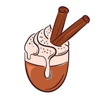 Coffee cup with whipped cream and cinnamon sticks in flat style. Perfect for cafe menu, bakery package isolated on white background. vector