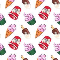 Seamless pattern with ice cream in cup, cone and cupcake in flat style on white background. Perfect for dessert packaging, summer theme design. vector