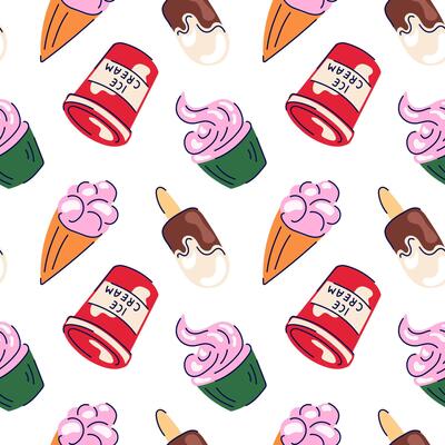 Seamless pattern with ice cream in cup, cone and cupcake in flat style on white background. Perfect for dessert packaging, summer theme design.