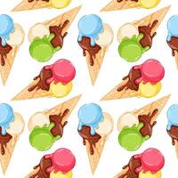 Seamless pattern with Triple melting scoop ice cream cone with chocolate, strawberry, lemon, kiwi, blueberry and vanilla flavor in cartoon style. Perfect for summer design wallpaper. vector