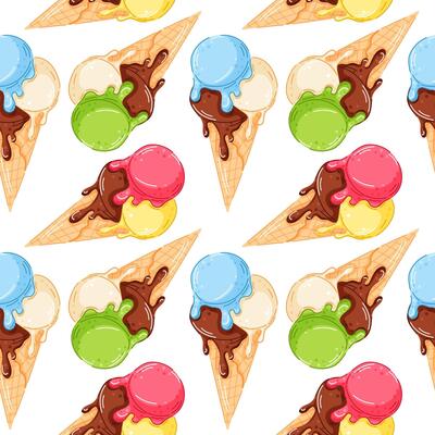 Seamless pattern with Triple melting scoop ice cream cone with chocolate, strawberry, lemon, kiwi, blueberry and vanilla flavor in cartoon style. Perfect for summer design wallpaper.
