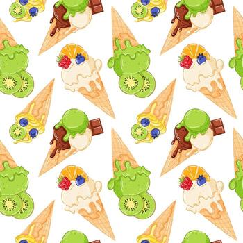 Lemon yellow, kiwi, vanilla, orange fruit, blueberry, raspberry ice cream cone with swirled creamy texture seamless pattern in cartoon style. vector