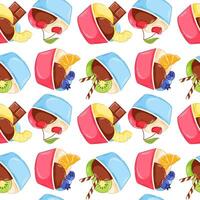 Cartoon ice cream scoop in paper cup seamless pattern. Sorbet with kiwi, pineapple, blueberry and chocolate bar. Perfect for summer design, dessert cafe wallpaper and textile. vector