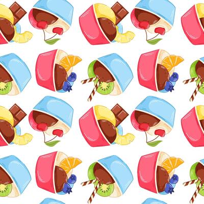 Cartoon ice cream scoop in paper cup seamless pattern. Sorbet with kiwi, pineapple, blueberry and chocolate bar. Perfect for summer design, dessert cafe wallpaper and textile.