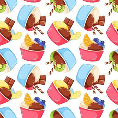 Seamless pattern of cartoon ice cream scoop in paper cup with orange fruit, pineapple, blueberry and chocolate bar. Perfect for summer background, kitchen wallpaper and textile design.