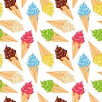 Seamless pattern of soft ice cream cone melting scoop in various flavors in cartoon style. Perfect for summer background, packaging and food themed textile design. vector
