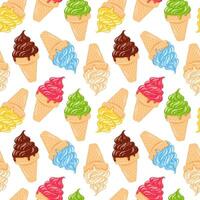 Seamless pattern of colorful soft ice cream cone in waffle in cartoon style. Perfect for summer food packaging, kid textile, print and dessert cafe wallpaper. vector