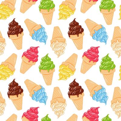Seamless pattern of colorful soft ice cream cone in waffle in cartoon style. Perfect for summer food packaging, kid textile, print and dessert cafe wallpaper.