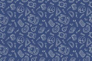 Back to school supply in doodle style seamless pattern. Line art stationary illustration design on a blue background for package, wallpaper. vector