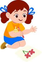 Kindergarten girl character playing outdoors drawing flowers red vector