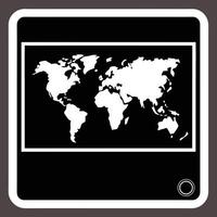 White world map graphic on black background within a rounded rectangle frame on dark gray globe vector