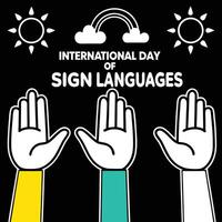 Illustration of hands in sign language with suns and rainbow on black background communication deaf vector
