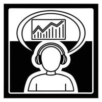 Black and white glyph icon of person wearing headphones with thought bubble showing graph vector