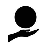 Black silhouette of a hand holding a black sphere with a small top element against a white background vector