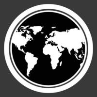 Black and white world map graphic within a white and gray circular frame on a dark gray background vector