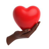 Dark-skinned hand delicately holding a red heart-shaped object, realistic style, isolated on transparent background. Concept of love and care png