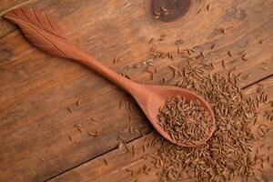 Cumin is a flowering plant from the Apiaceae family that originates from the eastern Mediterranean region to eastern India. Cuminum cyminum. Cumin seed on wooden spoon photo