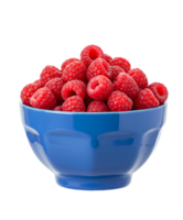 Bright red raspberries in motion falling into stylish ceramic bowl isolated for vegan food themes and summer fruit advertising. Isolated raspberries dropping into blue bowl for wellness content png