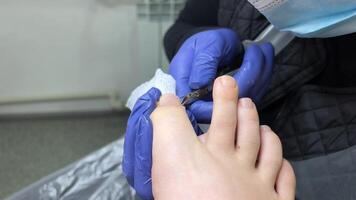 Pedicure procedure for a young woman in the salon. The master works with forceps and nail files. mechanical apparatus. video