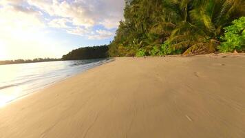 Cinematic low FPV drone flying over tropical beach with golden sand, palm trees, and ocean waves at sunset on remote island in Thailand. Ideal for travel, freedom, and summer nature themes. video