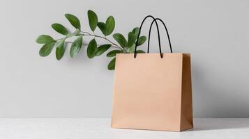 Kraft paper bag mockup holding green twigs for spring concepts photo