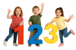 Happy preschool children learning numbers one two three playfully pose with large colorful digits against a white background png