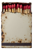 Old burnt matchbox showing red headed wooden matches, vintage damaged object png