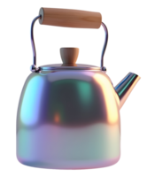 Iridescent kettle with wooden handle and spout reflecting colorful light png