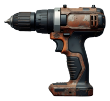 Rusty cordless drill with worn metal and plastic parts showing heavy use png