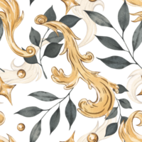 Watercolor seamless pattern with gold monograms and black leaves. Gold patterns, monograms and moldings with black branches with leaves. Print for fashionable, stylish design. png