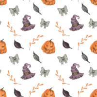 Watercolor Halloween seamless pattern. Hand drawn print with Halloween pumpkin, bows, witch hat, twigs and leaves. Festive pattern for autumn design and decoration. png