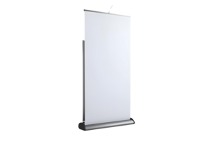 Roll up banner stand isolated. Advertising display cut out setup. png