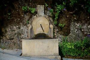 Antique Stone Fountain Surrounded by Verdant Greenery in a Rustic Setting photo