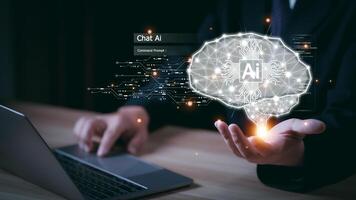 Technology and people concept man use AI to help work, AI Learning and Artificial Intelligence Concept. Business, modern technology, internet and networking concept. AI technology in everyday life photo