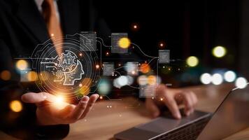 Technology and people concept man use AI to help work, AI Learning and Artificial Intelligence Concept. Business, modern technology, internet and networking concept. AI technology in everyday life. photo