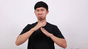 Asian man ark time out gesture hand for break serious face portrait white background video