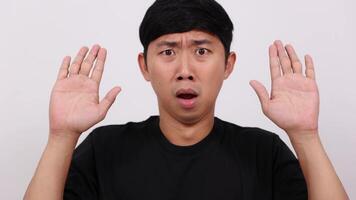 Man show hands up gesture surrender feeling scared portrait video