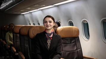 Smiling flight attendant in uniform welcomes and guides passengers aboard a modern airplane photo