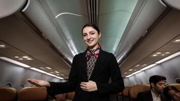 Smiling. flight attendant in uniform welcomes and guides passengers aboard a modern airplane. photo