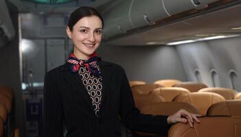 Air hostess. Smiling flight attendant in uniform welcomes and guides passengers aboard a modern airplane. Friendly airline staff providing professional service and comfortable travel flight experience photo