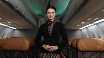 Friendly flight ,attendant stand confidently inside an airplane cabin. photo