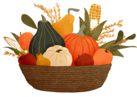 Overflowing basket featuring pumpkins, gourds, apples, and corn on the cob, representing the essence of autumn. png