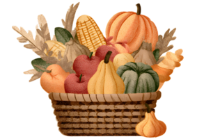 Bountiful basket filled with a colorful array of autumn produce, pumpkins, gourds, apples, and corn on the cob. png