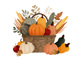 A basket overflowing with autumn produce, including pumpkins, gourds, apples, and corn on the cob. png