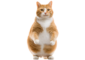 Chubby standing red ginger fat cat with big green eyes showcasing its personality on a transparent background in format. png
