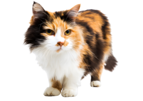 Timid standing calico cat with wide eyes and a cautious stance on a transparent background in high-quality format. png